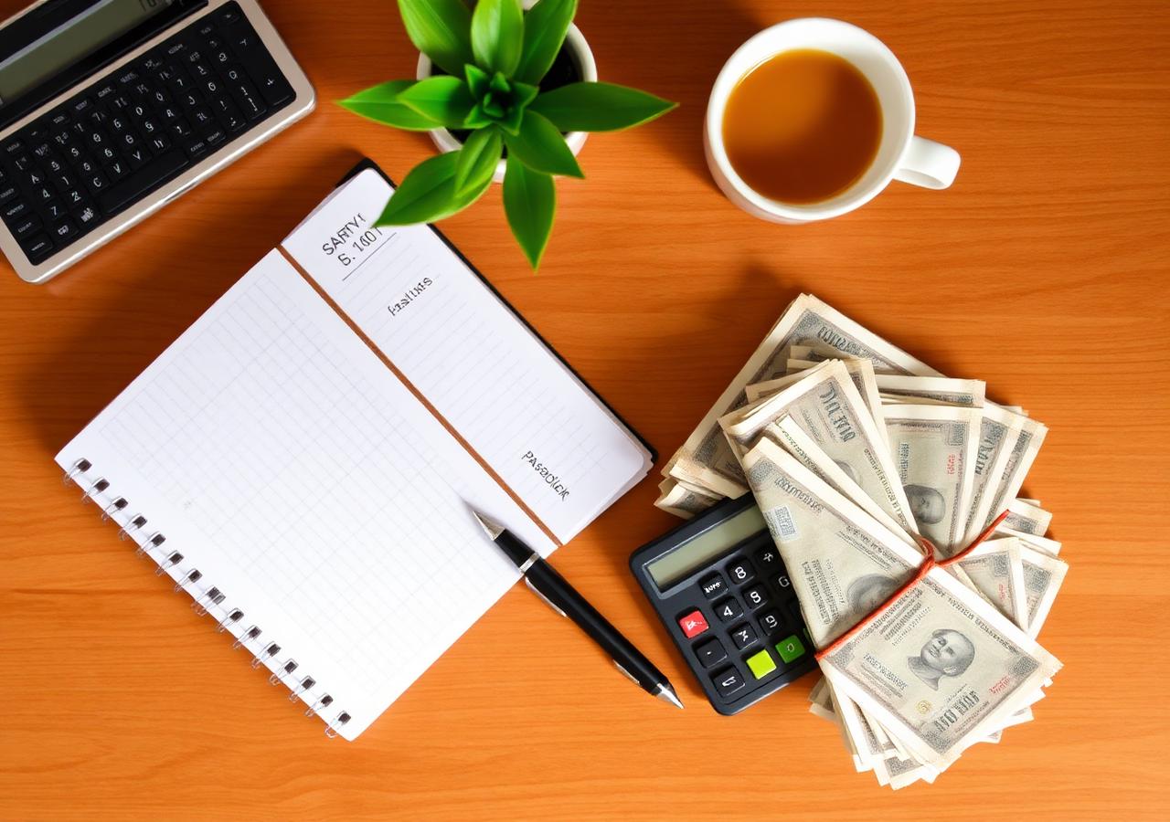 Passbook, calculator and rupee notes on a desk